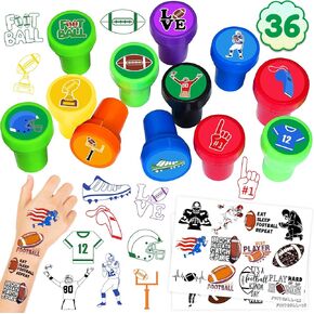 36PCS Football Party Favors 24 Tattoos Sticker 12 Stamp Set - Ideal Sport Themed Birthday Card Decorations Supplies Goodie Bag Cute Rewards for Boy Classroom Gifts Baby Shower Prizes