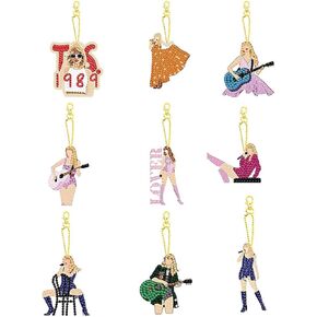 9 PCS Diamond Painting Keychains Kit Music Pop singer Diamond Art Double Sided 5D Diamond Key Rings DIY Diamonds Pendants for Beginners Birthday Crafting Home Party Decor