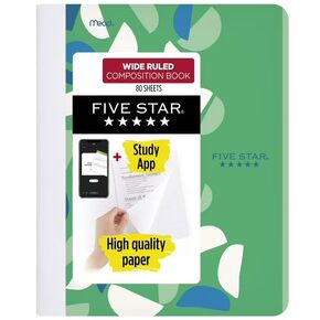 Five Star WIDE Ruled Composition Books + Study App, 80 Sheets, 9-3/4" x 7-1/2" (Green Design)