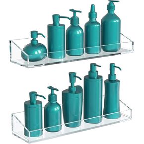 Vdomus Acrylic Bathroom Shelves, Acrylic Shelf Transparent Wall Mounted, No Drilling Extra Thick Acrylic Shower Shelf, Clear Storage Display Shelving, 2 Pack