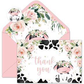 24 Pack Cow Thank You Cards Pink Floral Milk Cow Blank Note Cards with Envelope Stickers Rustic Greeting Cards for Wedding Bridal Baby Shower, 4 x 6 Inch