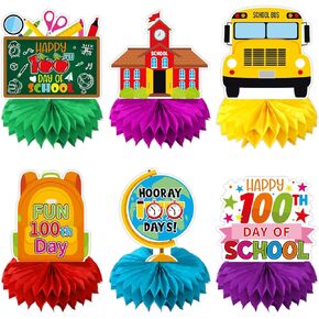 100th Day of School Honeycomb Centerpiece Decoration Table Toppers 100 Days of School Party Honeycomb Desk Toppers Party Supplies Party Honeycomb Table Centerpieces Party Favors - 6 Counts