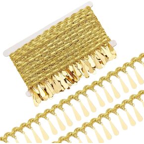 FINGERINSPIRE 10 Yards Sequin Tassel Trim 2-1/4 inch Wide Golden Braided Fringe Tassel Lace Ribbon Trim Polyester Gold Metallic Braided Teadrop-Shape Sequin Fringe Lace Ribbon for Sewing DIY Crafts