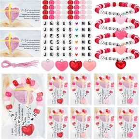 20 Set Valentine's Day Christian Bead Wristband Craft Kit Religious DIY Bead Craft Kit Jesus Loves Me Valentines Bracelet Scripture Cards with Bags for Jewelry Making Gifts
