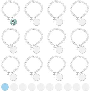 UNICRAFTALE 12 Sets Sublimation Rosary Blank Bracelets for Baptism Imitation Pearl Rosary Beads Bracelets Cross Charm Memorial Photo Bracelet with Heat Transfer Cabochons for DIY Jewelry Making