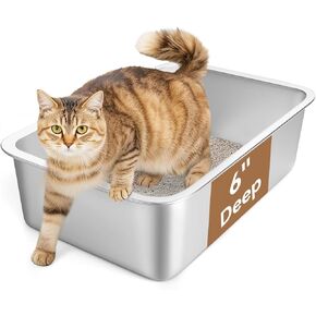 Pawaboo Stainless Steel Cat Litter Box, Metal Litter Box for Small Cat Hamster Rabbit Pet Cleaning Tool, Kitten Poop Box Metal Litter Pan Pet Toilet Supplies, Easy to Clean, 18''x14''x6''