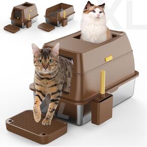 Stainless Steel Litter Box with Lid, XL Litter Boxes for Big Cats and Multiple Cats, Extra Large Metal Cat Litter Box with High Sides and Cover, Enclosed Kitty Litter Box with Litter Scoop and Step