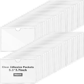 80 Pack 3 X 5 Inches Adhesive Index Card Pockets, Clear Self Adhesive Label Pockets Label Holders Card Holder Shelf Label Holder for Organizing, Storage Bins (3.8 x 5.3 inches)