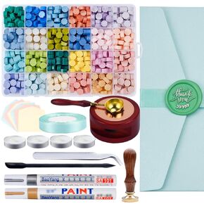 Wax Seal Beads Kit - 24 Colors Sealing Wax Beads/ THANK YOU Metal Stamp/ Melting Tool - Wax Seals Complete Making Kits for Envelope Wedding Invitation and Gift Wrapping - Morandi Assorted Color
