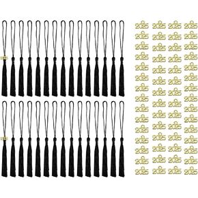 Tupalizy 30PCS Mini Silky Handmade Bookmark Tassels with 60PCS 2025 Year Charms for Graduation Keychain Earring Jewelry Making Wedding Favors Souvenir Gifts Tags DIY Craft Projects, Black and Gold