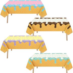 Ice Cream Party Supplies, Ice Cream Disposable Tablecloth Waterproof Plastic Rectangular Table Cover for Happy Birthday Party Decorations, 4 Pack, 54 x 108 inch