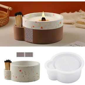 Large Round Cup Concrete Silicone Mold for Candle Jar, with 2 pcs Matchescale, The Candle Hold with Match Holder, Epoxy Resin Clay Cement Mould, DIY Handmade Concrete Succulent Planter Mold