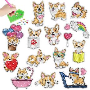 MEGZIHXN Kawaii Diamond Art Stickers,Corgi Puppy Peach Butt Sports Bath Hot Air Balloon Rainbow Love with Holographic Stickers Gem Painting Diamond Art Kits for Kids