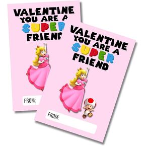 Lashicorn Super Valentine’s Day Class Cards | 30 pk 4x6" Peach Game Characters Bros Gamer Boys Girls Valentine for School Princess Mari