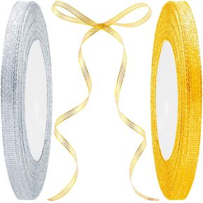 1/4in Gold Silver Ribbon, 50 Yards Glitter Satin Ribbon Rolls for Present Wrapping, Glossy Metallic Fabric Fabric Ribbons for DIY Crafts, Wedding, Christmas Decoration
