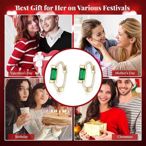 BriLove 925 Sterling Silver Small Dainty Birthstone Hoop Earrings for Women, Gorgeous Emerald Cut Crystal Huggie Hoop Dangle Earring for Birthday Everyday Wear in Saudi Arabia