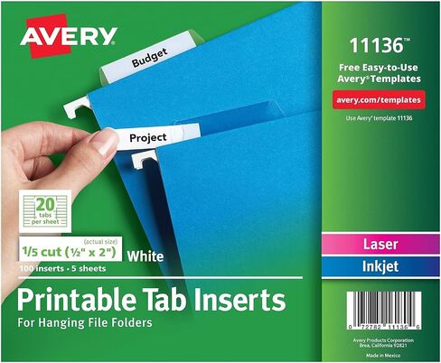 Avery 11136 إدراج قابلة للطباعة لعناية المجلدات للملفات ، 1/5 علامة تبويب ، اثنان ، أبيض ، 100/حزمة in Saudi Arabia