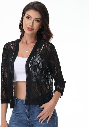 3/4 Sleeve Lace Cardigan for Women Open Front Floral Crochet Bolero Shrug Summer Beach Cover Ups Lace Top in Saudi Arabia