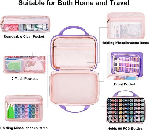 Leudes Diamond Painting Storage Containers, 60 Slots Bead Storage Box for Diamond Art Kits Accessories Organizer Case (Only Bottles and Bag) (Pink-2(60 Jars)) in Kuwait