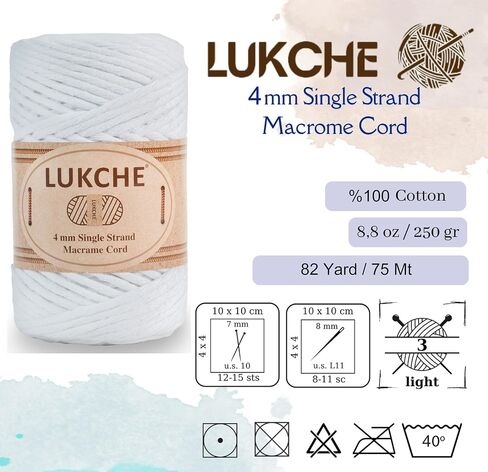 4 ملم حبلا واحد MACRAME الحبل الحبل 82 ياردة ، حبل ماكرام ملون ، حبل قطنية الغزل الماكرين ، الحبل الحرف القطن الملون للتعليق الجدار ، شماعات النبات ، الحرف ، الحياكة (أبيض ، 4 مم 1 skein) in Kuwait