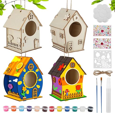Fulietaobai 4 Pieces Birdhouse Kit for Kids, Paint Your Own Birdhouse, DIY Wooden Birdhouse for Painting, Birdhouse Wood with Color Form, Craft Kit Children for Girls Boys Toddlers in Kuwait