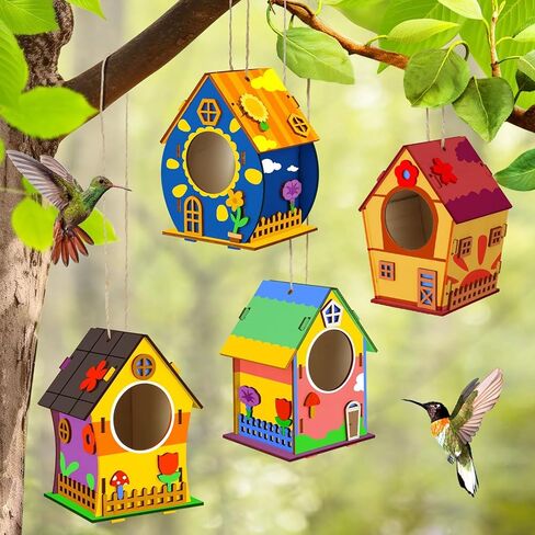 Fulietaobai 4 Pieces Birdhouse Kit for Kids, Paint Your Own Birdhouse, DIY Wooden Birdhouse for Painting, Birdhouse Wood with Color Form, Craft Kit Children for Girls Boys Toddlers in Kuwait