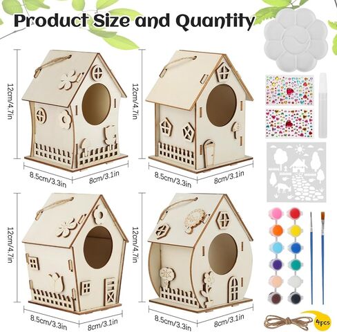 Fulietaobai 4 Pieces Birdhouse Kit for Kids, Paint Your Own Birdhouse, DIY Wooden Birdhouse for Painting, Birdhouse Wood with Color Form, Craft Kit Children for Girls Boys Toddlers in Kuwait