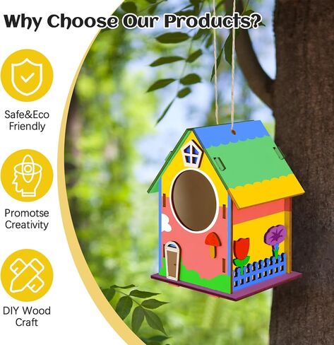 Fulietaobai 4 Pieces Birdhouse Kit for Kids, Paint Your Own Birdhouse, DIY Wooden Birdhouse for Painting, Birdhouse Wood with Color Form, Craft Kit Children for Girls Boys Toddlers in Kuwait