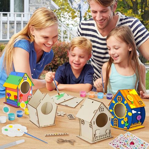 Fulietaobai 4 Pieces Birdhouse Kit for Kids, Paint Your Own Birdhouse, DIY Wooden Birdhouse for Painting, Birdhouse Wood with Color Form, Craft Kit Children for Girls Boys Toddlers in Kuwait