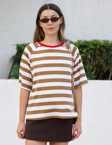 Zeagoo Womens T Shirts Summer Casual Oversized Crewneck Loose Fit Short Sleeve Striped Tops Fashion Comfy Basic Tee Blouses in Saudi Arabia
