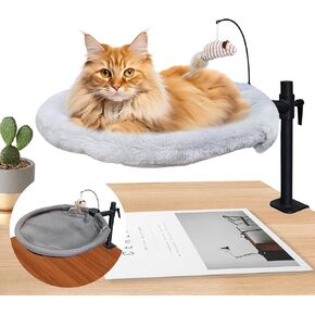 Cat Desk Bed with Toy, 360° Rotation & Adjustable Height, Sturdy Steel Frame, 2 Detachable Bed Sheets, Desk Mounted Cat Perch (Grey)