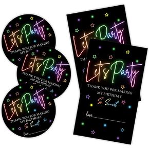 40 Pcs Glow Neon Birthday Stickers Set - Let's Party - 20 Round Stickers & 20 Adhesive Birthday Tags for Gift Wrapping, Envelope Seals, Party Package, Bag, Party Favor & Supplies - A01