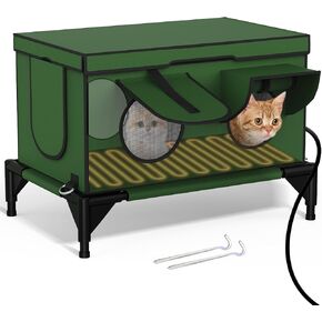 Large Heated cat House for Outside,Weatherproof Heated Cat Bed Shelter with Cat Heating Pad,Waterproof Eaves&Escape Door,Warm Home for Outdoor Stray Cats