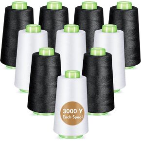 Timgle 12 Cones of 3000 Yards Each Spool Sewing Thread All Purpose for Sewing Huge Polyester Thread 40s/2 for Serger Overlock Quilting Machine Supplies Hand Crafts(White and Black)