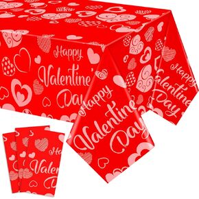 3 Pcs Valentine Tablecloth 54 x 108 Inch Disposable Pink Red Heart Shape Valentine Rectangle Table Cover Plastic Love Waterproof Table Cloth Decoration for Engagement Anniversary