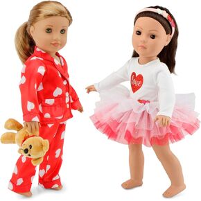 Emily Rose 18 inch Doll Clothes | Fashion Tutu Skirt Outfit and Headband Bundled with Silky 18" Doll PJs Valentine's Gift Set with Teddy Bear | Compatible with Most 18" Dolls | Doll NOT Included