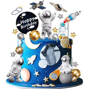 28 Pieces Astronaut Space Cake Toppers Outer Space Astronaut Figurines Planet Rocket Satellite Pearl Balls and Stars Kids Space Theme Decorations for Birthday Party Supplies Baby Shower
