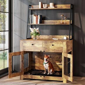 38 Inch Wooden Dog Cage Furniture with 2-Tiers Shelves, Dog Kennel Indoor Furniture for Medium Small Dog, Dog Crate with Double Doors, 2 Drawers & Charging Station