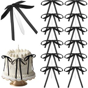 12 Pcs Black Bow Ribbon Cake Toppers 5 x 7 Inches Satin Bowknot Cake Toppers Coquette Birthday Party Cake Decorations for Wedding Bridal Baby Shower Bachelorette Party Supplies