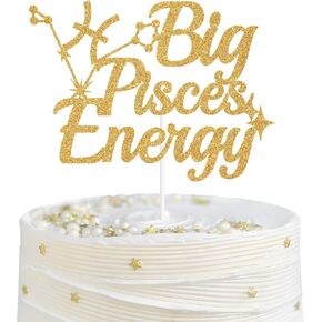 Big Pisces Energy Cake Topper, Pisces Birthday Cake Décor, 12 Zodiac Constellations Pisces Birthday Party Decorations Supplies, Gold Glitter