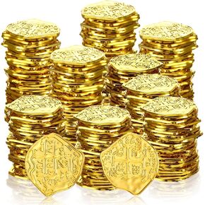 HANAIVE 300 PCS Pirate Coins Coins Gold Gold Coins Kids Fake Play Coins doubloons الإسبانية الإسبانية لصالح Pirate Party Treasure Chest Games Tokens Toys Cosplay ، Gold