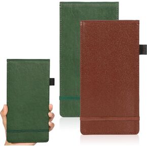2 Pack Reporters Notebook Cover 4.5*8.8Inch PU Material Flip Notepad Holder Pocket Notepad With Pen Holder With Elastic Closure Top Bound Spiral Note Pads for News (Green and Brown No Book)