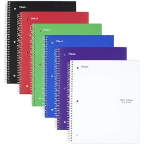 Five Star Spiral Notebooks, 5 Subject, Wide Ruled Paper, 200 Sheets, 10-1/2" x 8", Assorted Colors, 6 Pack (38417)