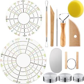 Lasnten 13 Pcs Ceramic Pottery Trimming Spinner Tools Set, Wooden Pottery Sculpting Clay Cleaning Tool 4.72 in/3.54 in Pottery Trimming Tools 3 Size Metal Pottery Throwing Wheel for Artists Beginner
