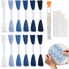 Zeyune 12 Skeins Sashiko Thread 100% Cotton and 12 Pcs Sashiko Needles Sashiko Thread 20m(21.8yds) Blue Sashiko Kit for Hand Quilting and Embroidery Sashiko Projects Pick Stitching Denim