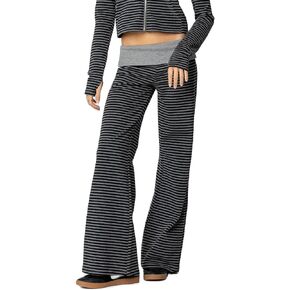 Women Fold Over Yoga Pants Y2K Striped Flared Leggings Low Rise Wide Leg Lounge Pants Stretchy Sweatpants