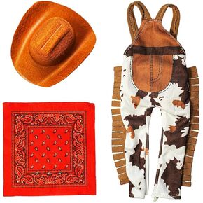 Western Cowboy Outfit Clothes 3PCS Set for Elf Doll Overall Suit Clothing Dress up Accessories Including Hats, Scarf,Overall