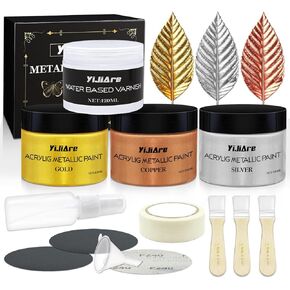Acrylic Paint Metallic Gold Set - 3 Colors Silver & Copper & Gold Leaf Paint for Craft, Home Decor, and DIY Projects, Non-Toxic, Water-Based, Equip Water-Based Varnish for Protection 4pcs 4fl oz/120ml