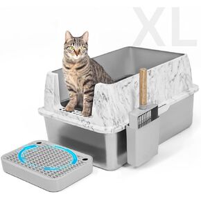 Marble Design Stainless Steel Litter Box - Large Cat Litter Box - Metal Litter Box with Lid, Leak Proof, Odor Resistant, Semi Enclosed - Includes Scoop & Step - XL Grey