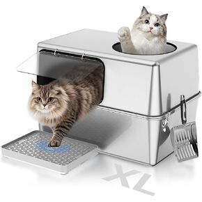 Stainless Steel Litter Box with Lid – Metal Litter Box Dog Proof for Big Cats and Multi-Cat, Enclosed XL Cat Litter Box, Odor-Resistant, Top and Side Entry Design with Black Silicone Edges